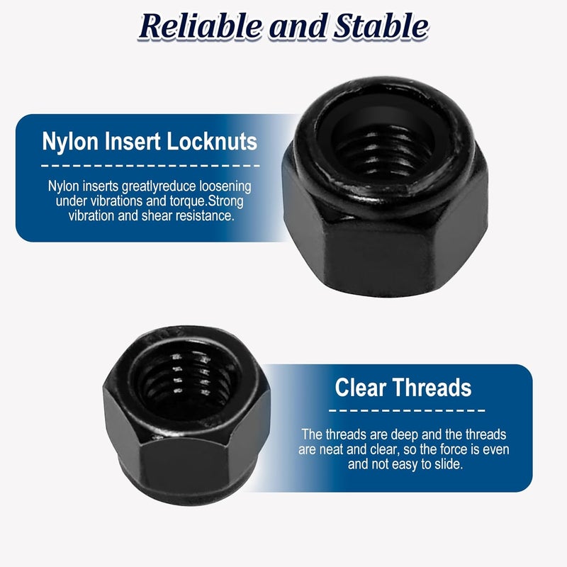 ZQZ 110 Pack Black SAE Nylon Insert Locknuts Assortment Kit, 6#32 8#32 10#24 10#32 1/4"-20 5/16"-18 3/8"-16 1/2"-13 Nylock Nuts Set, 304 Stainless Steel Standard Inch Threaded Black Lock Nuts - Image 5